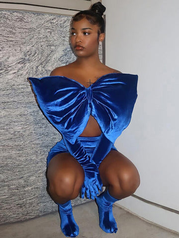 Yipinpay Piece Set Women Velvet Outfits Sexy Strapless Big Bowknot Corset Top+High Waist Mini Skirts 2023Spring Fall Night Prom Party